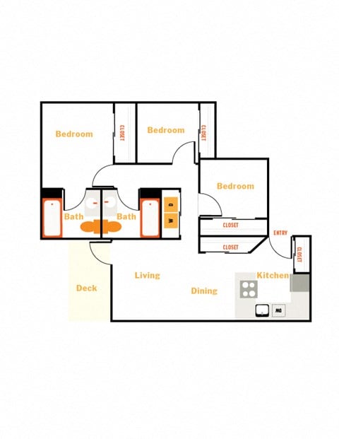 Floor plan for 3 beds, 2 baths, 1210 sqft